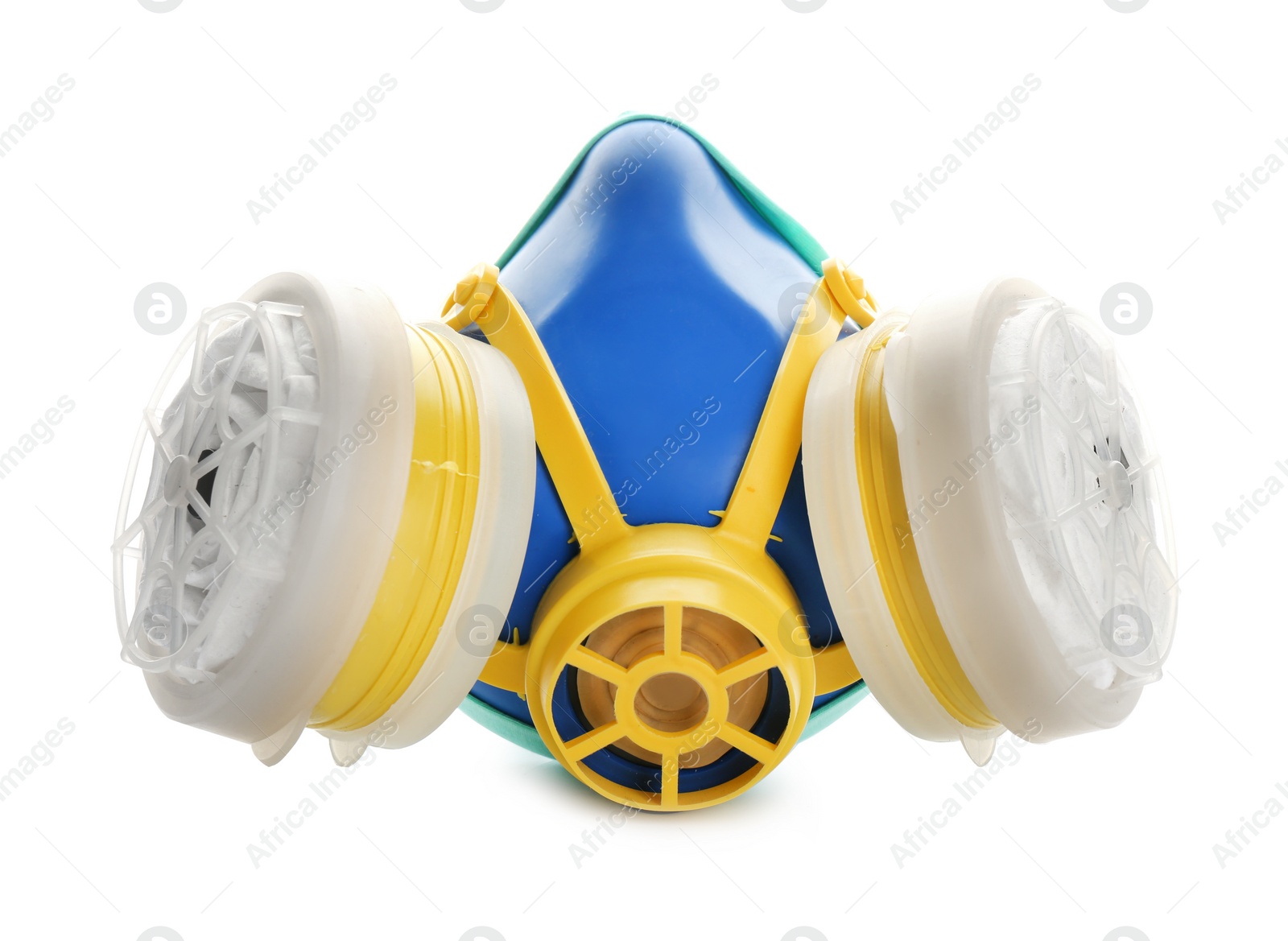 Photo of Modern respirator mask isolated on white. Construction tools