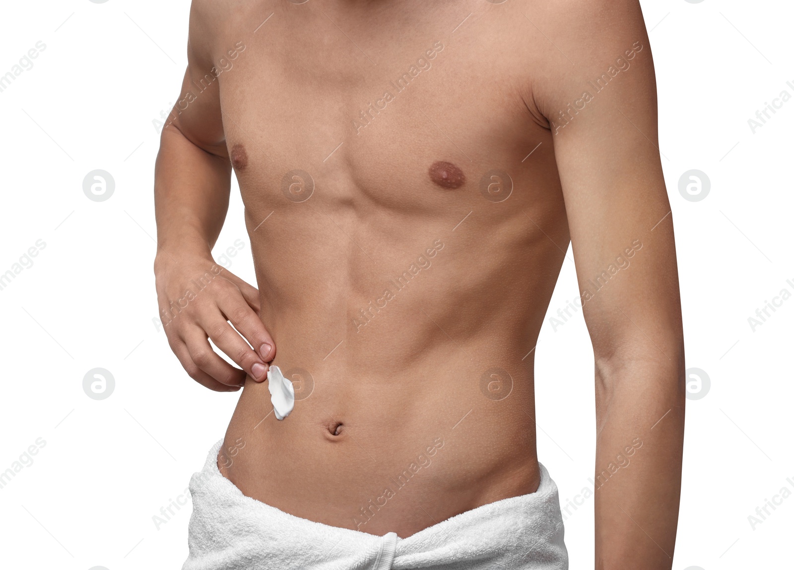 Photo of Man with moisturizing cream on his body against white background, closeup