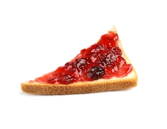 Slice of bread with jam on white background