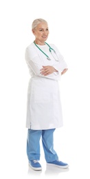 Photo of Full length portrait of female doctor isolated on white. Medical staff