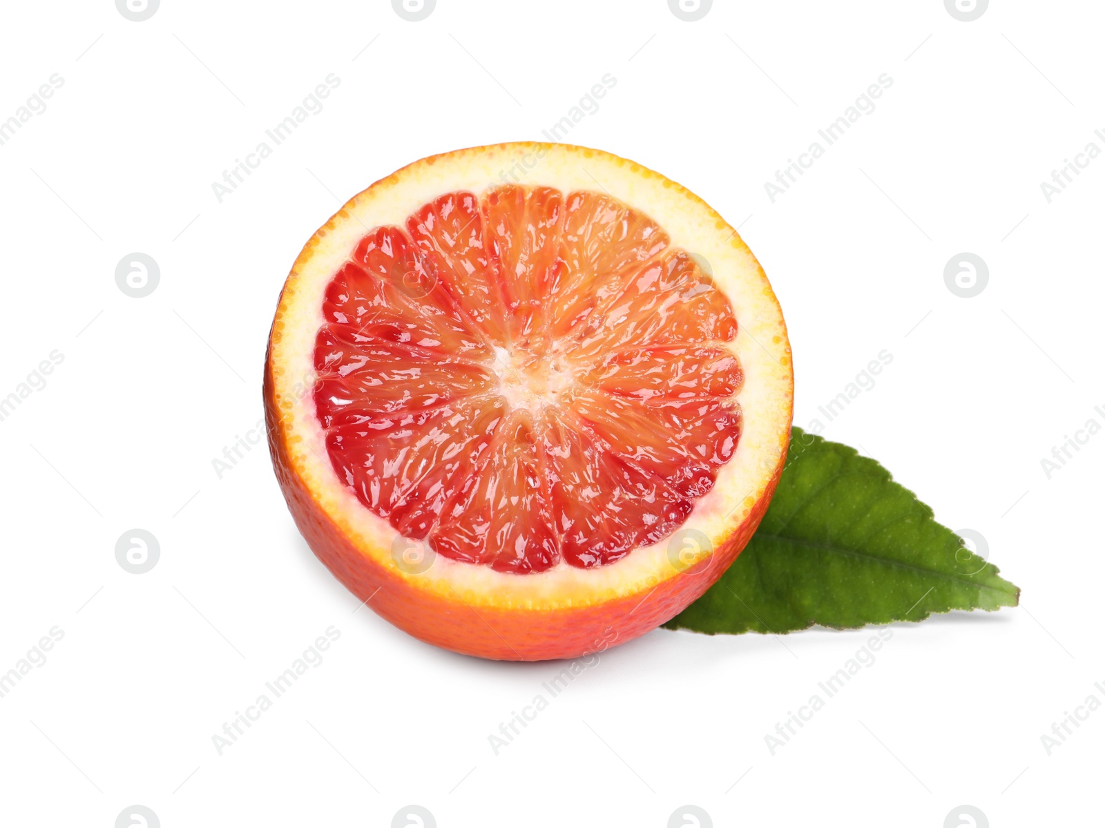 Photo of Cut red orange with green leaf isolated on white