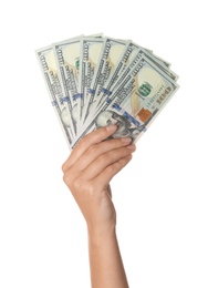 Young woman with dollar bills on white background, closeup