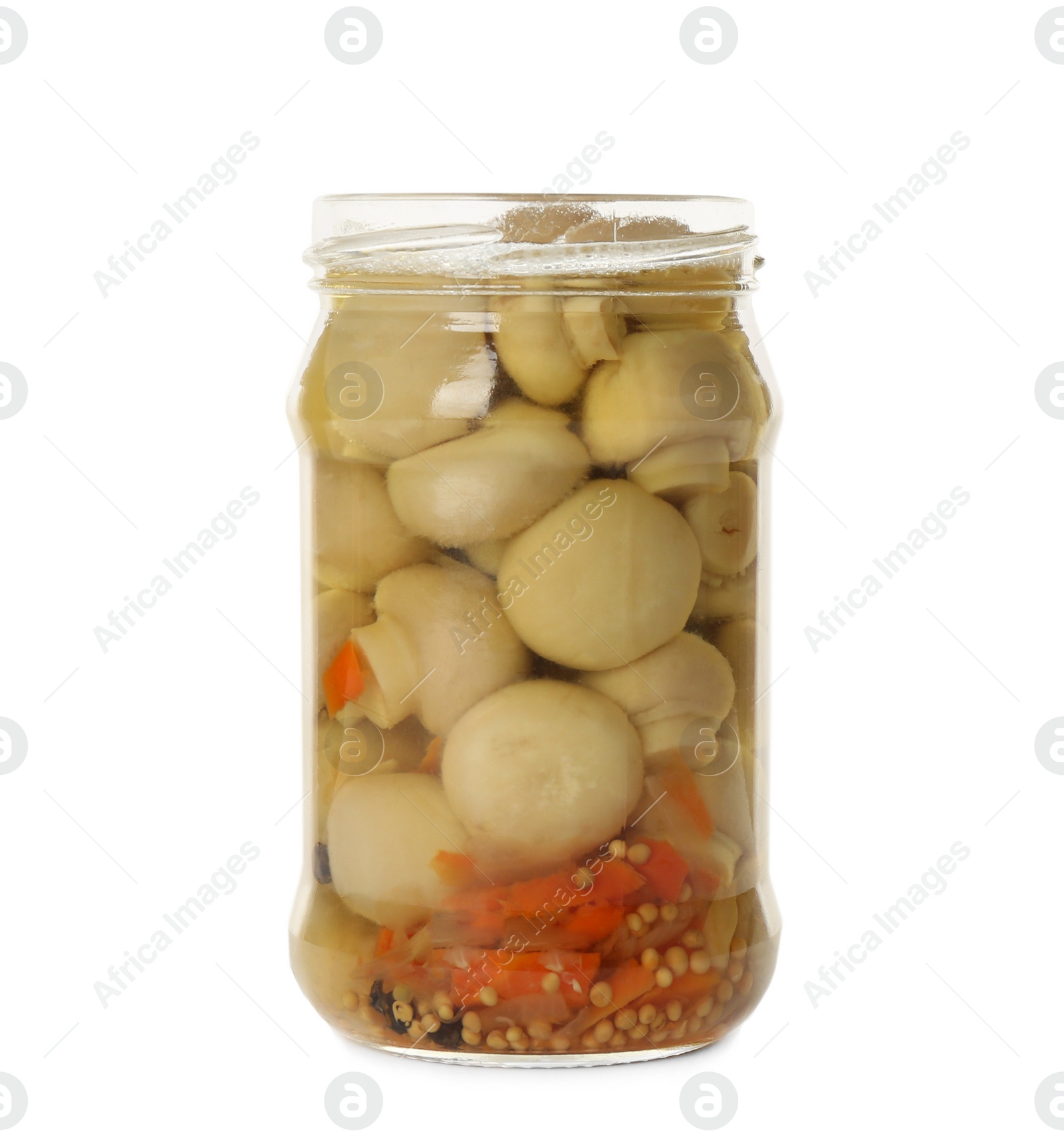 Photo of Jar of pickled mushrooms isolated on white