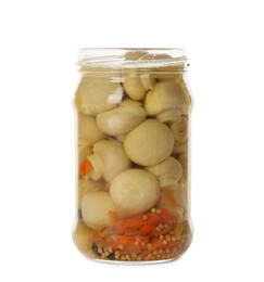 Jar of pickled mushrooms isolated on white