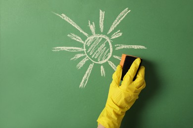 Photo of Woman erasing child's drawing from green wall, closeup