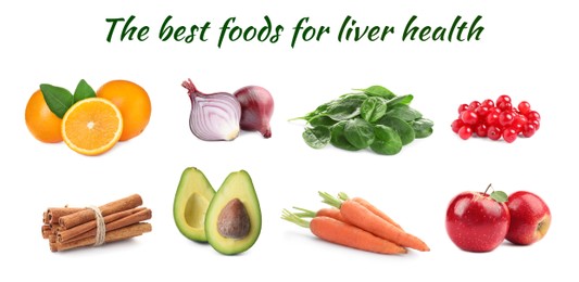 Image of List of the best foods for liver health. Collage with different tasty fresh products on white background, banner design