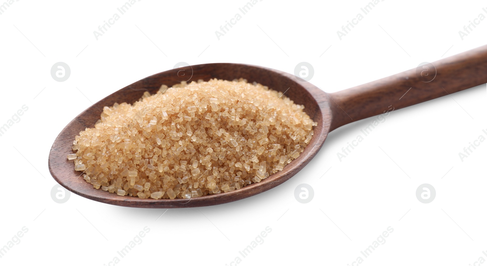 Photo of Brown sugar in wooden spoon isolated on white