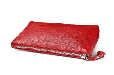 Photo of Stylish red cosmetic bag isolated on white