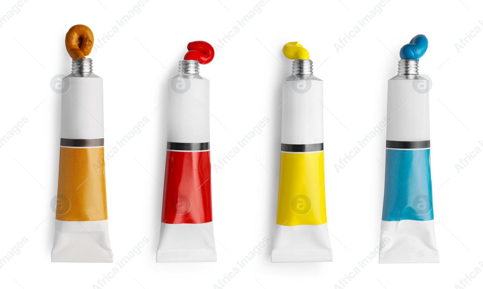 Image of Set of tubes with colorful oil paints on white background, top view