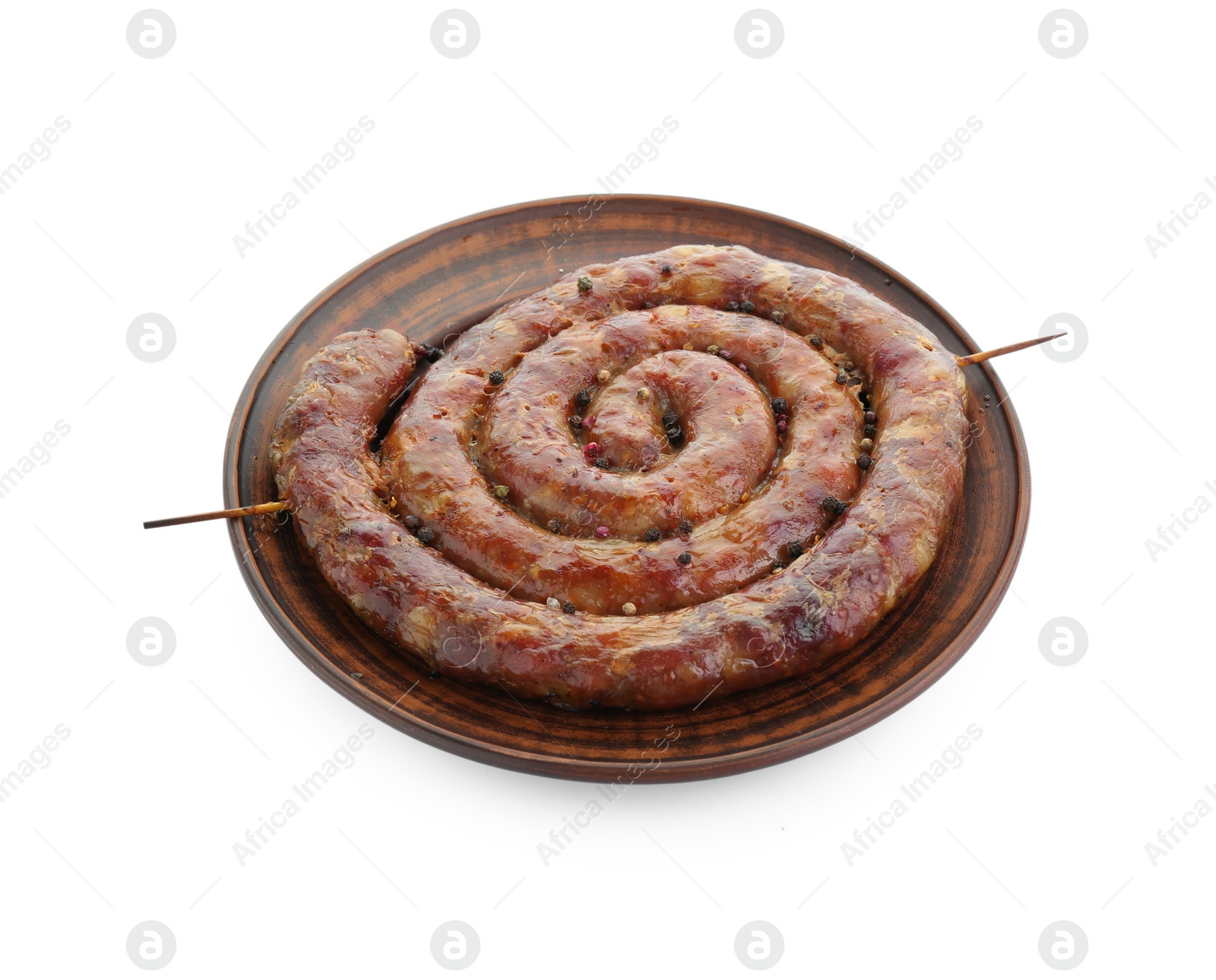 Photo of Plate with tasty homemade sausages isolated on white