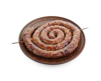 Photo of Plate with tasty homemade sausages isolated on white