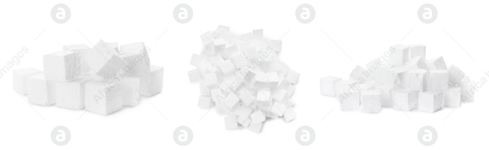 Image of Set with piles of styrofoam cubes on white background. Banner design