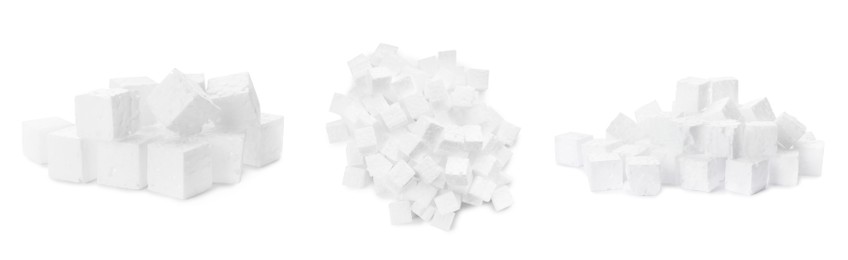 Set with piles of styrofoam cubes on white background. Banner design