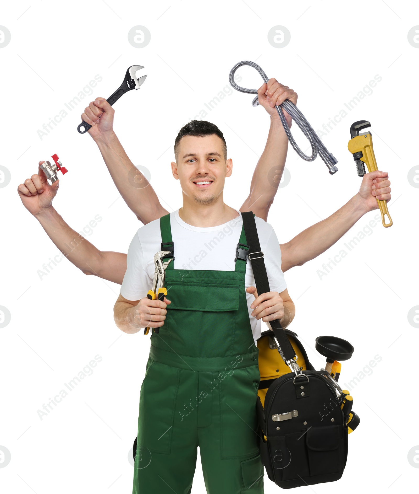 Image of Plumber with different tools on white background. Multitasking handyman