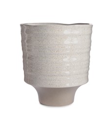Photo of Empty ceramic pot isolated on white. Interior accessory