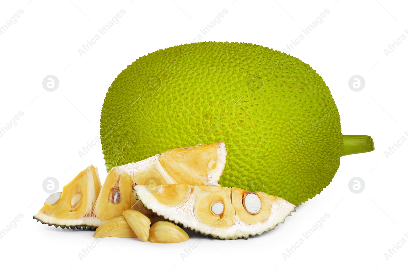 Photo of Delicious cut fresh exotic jackfruit with slices and bulbs on white background