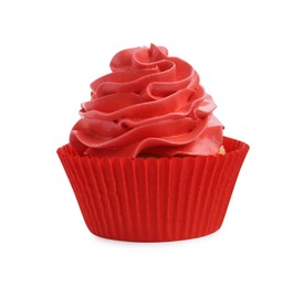 Photo of Tasty cupcake with red cream isolated on white