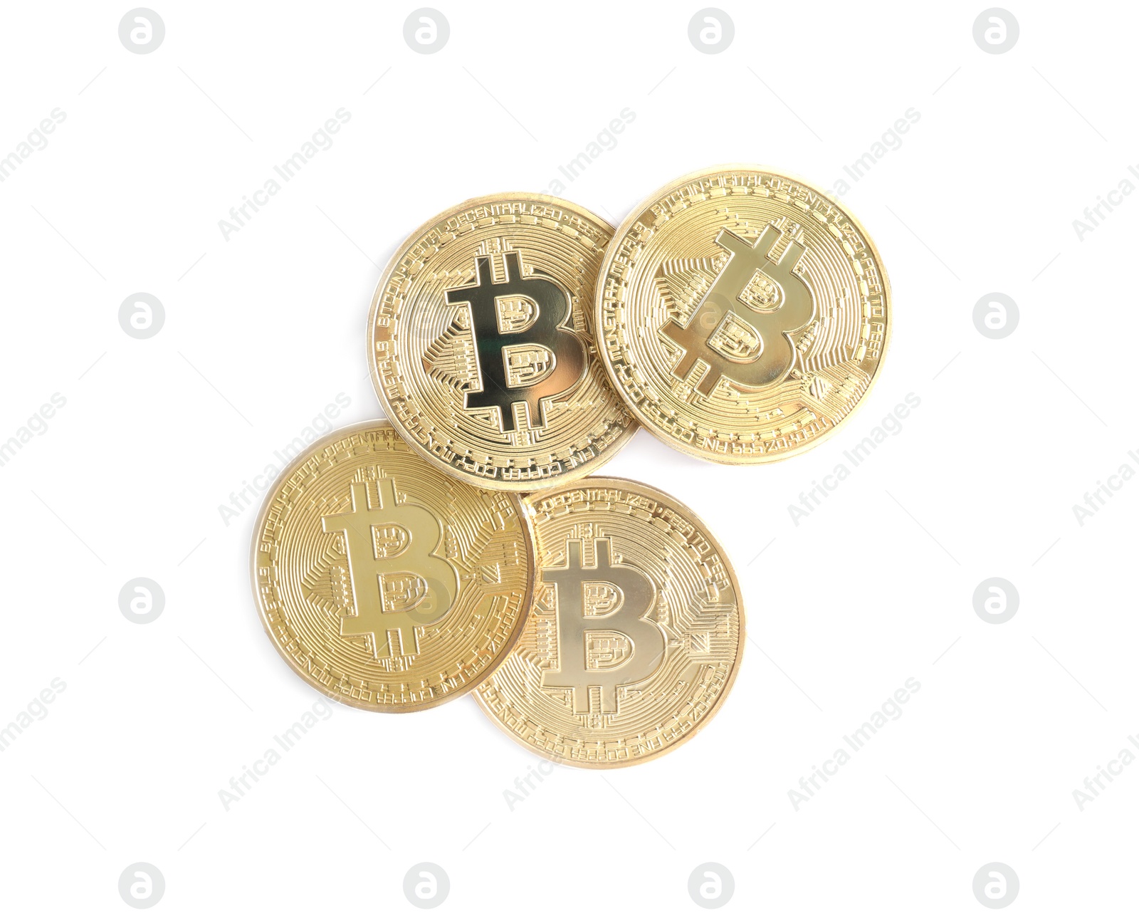 Photo of Pile of bitcoins isolated on white, top view. Digital currency