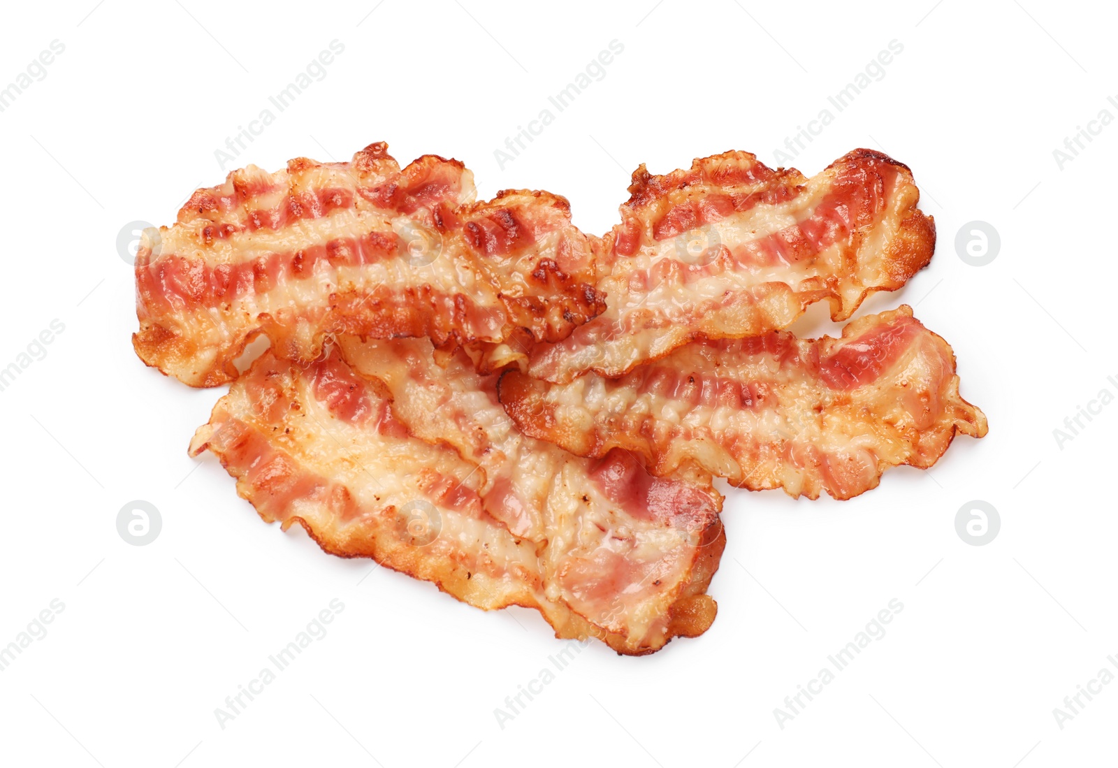 Photo of Delicious fried bacon slices isolated on white, top view