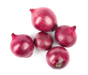 Photo of Fresh whole red onions on white background, top view