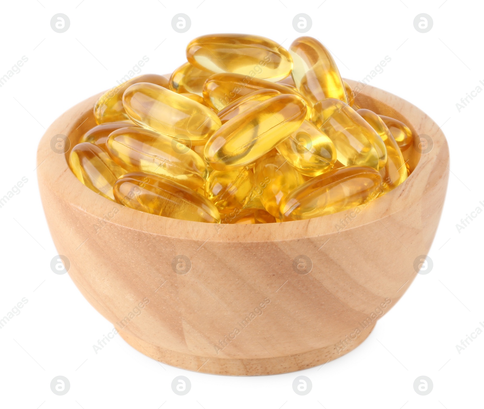 Photo of Vitamin capsules in wooden bowl isolated on white