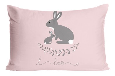 Image of Soft pillow with printed cute rabbits and word Love isolated on white