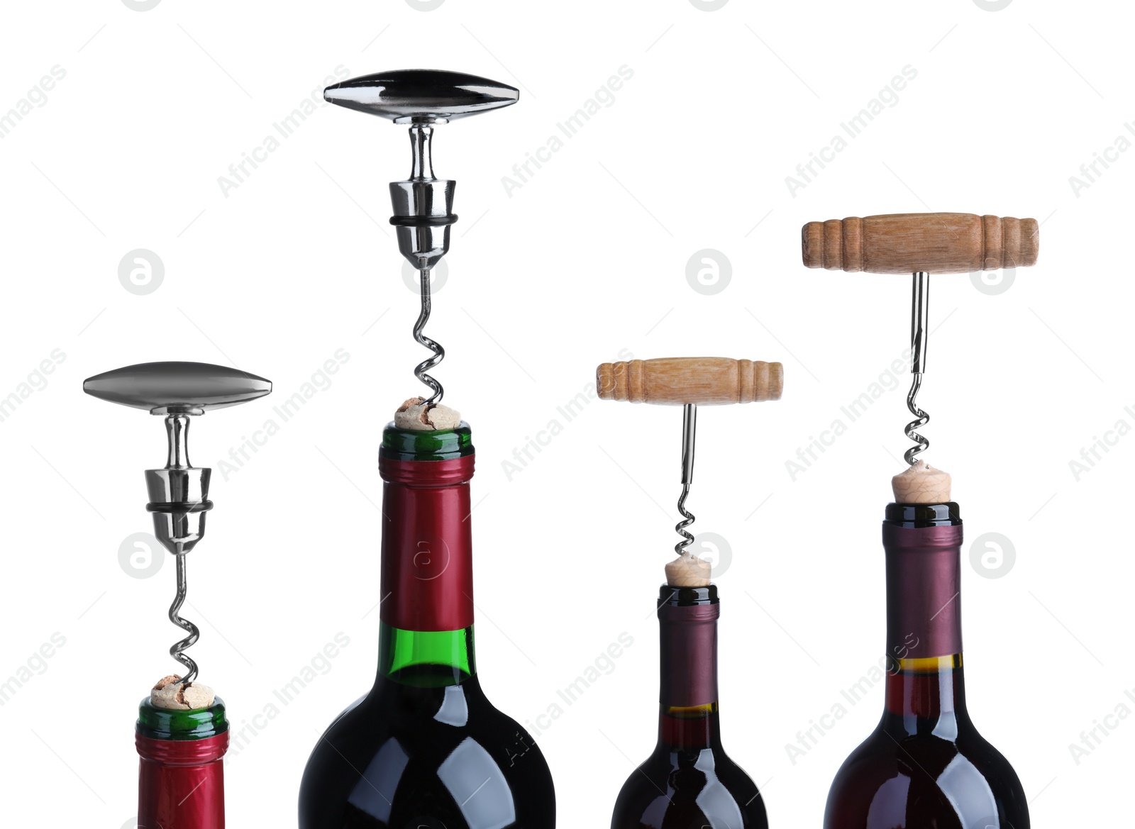 Image of Opening bottles of wine with corkscrews on white background