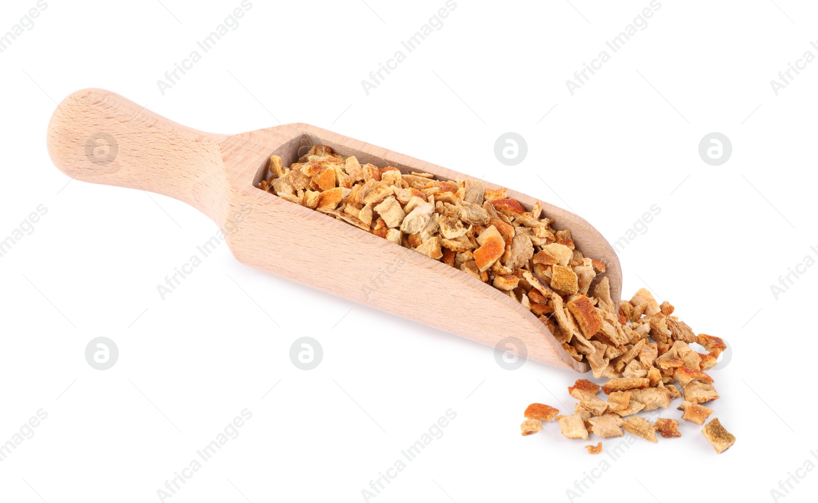 Photo of Scoop with dried orange zest seasoning isolated on white