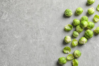 Photo of Fresh Brussels sprouts on grey background, top view with space for text