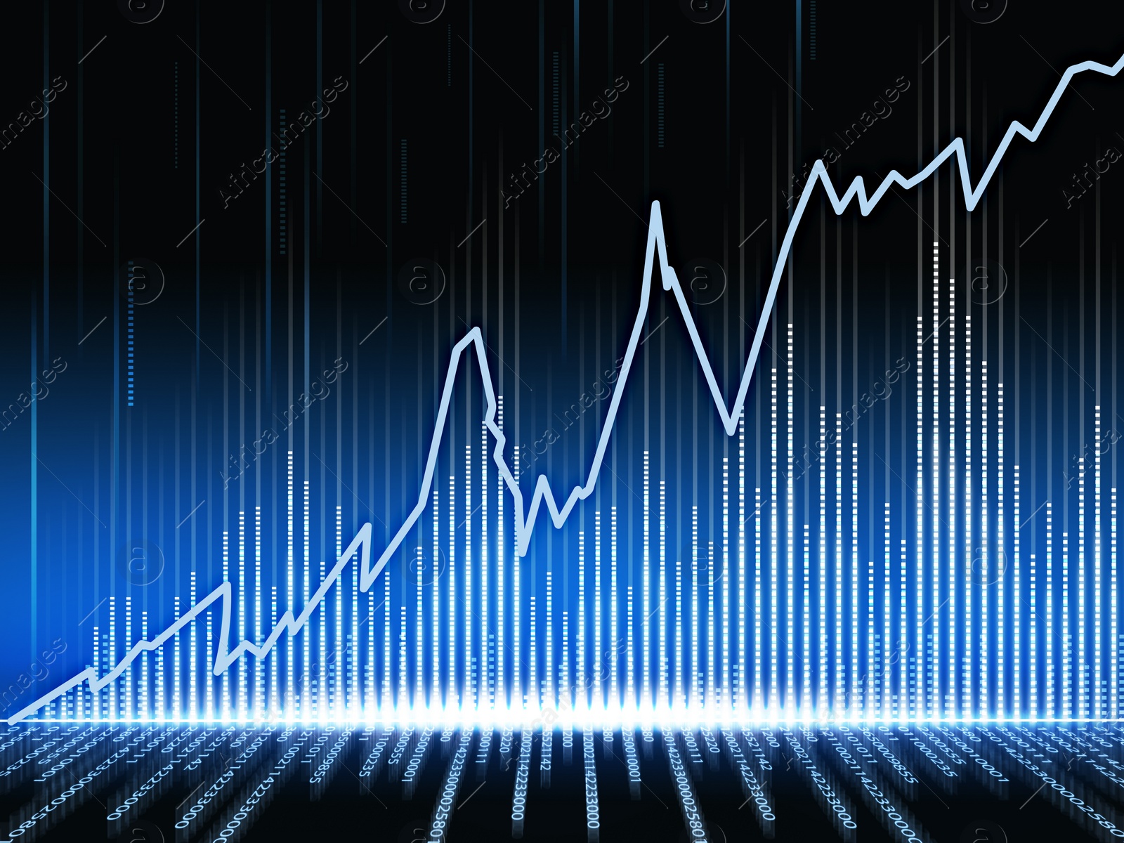 Illustration of Movement of asset price. Market of cryptocurrency / stocks / commodity. Charts and graphs on dark blue background