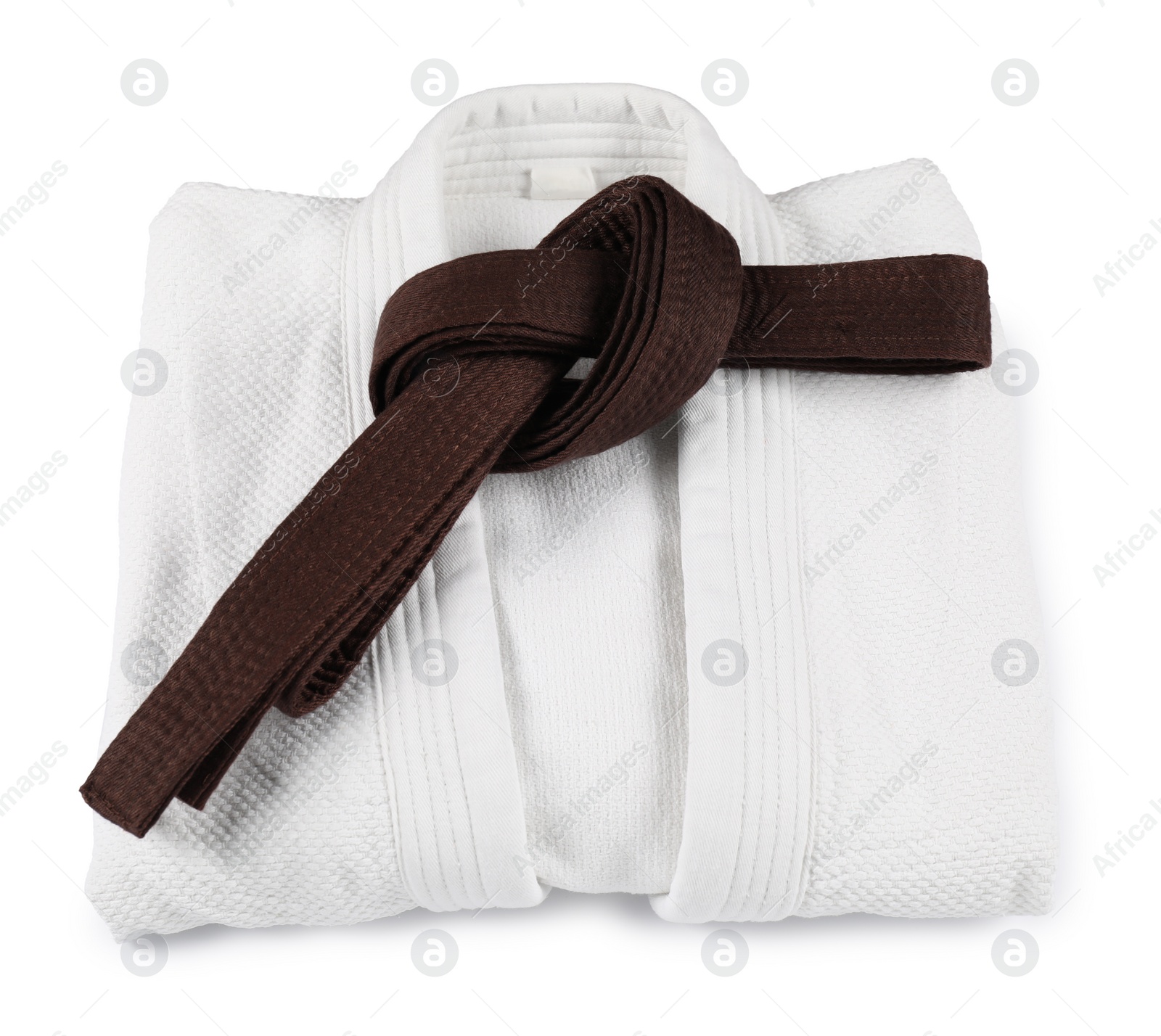 Photo of Brown karate belt and kimono isolated on white