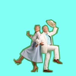 Image of Pop art poster. Happy senior couple dancing together on cyan background