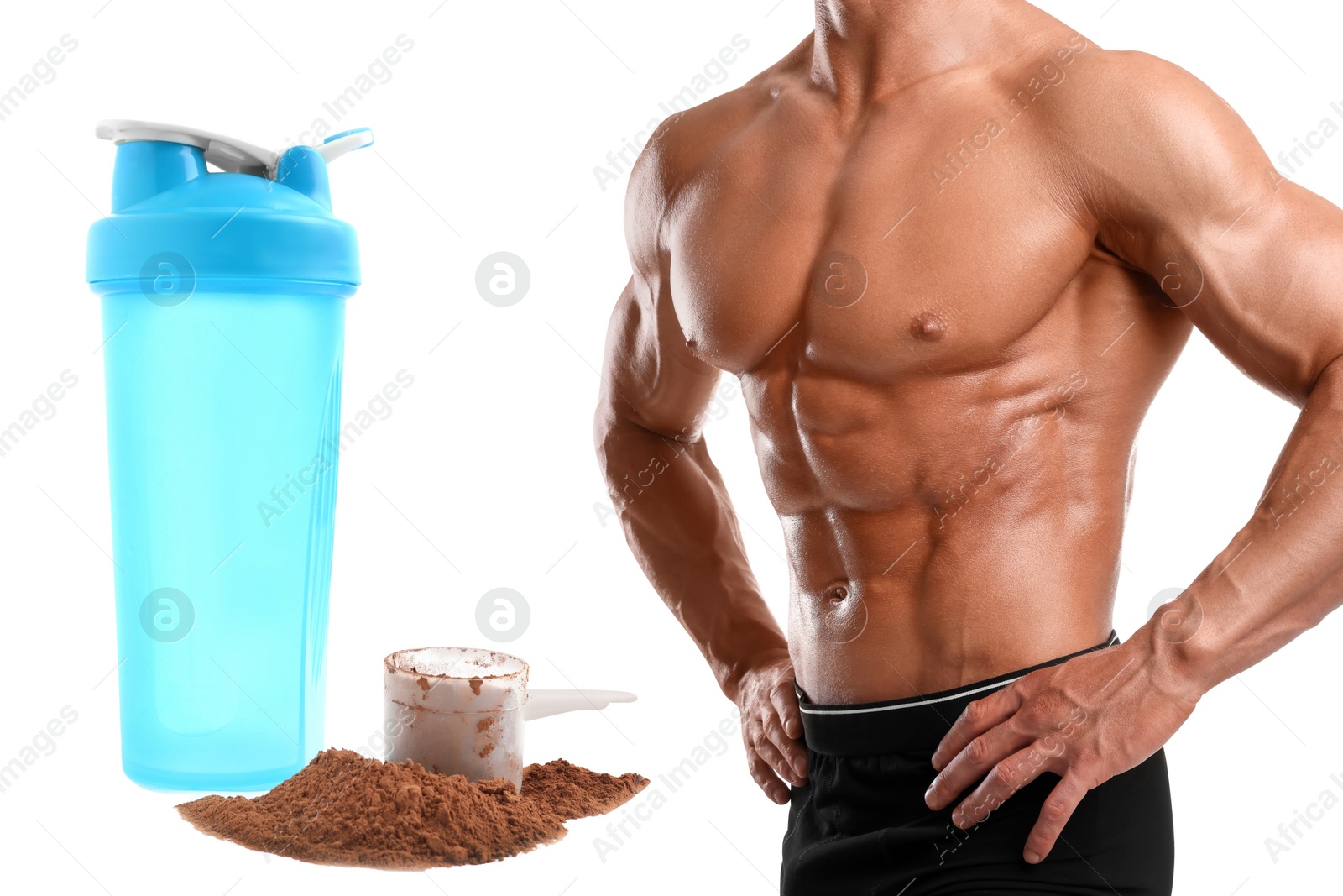 Image of Bodybuilding. Man with muscular torso, protein powder and shaker isolated on white