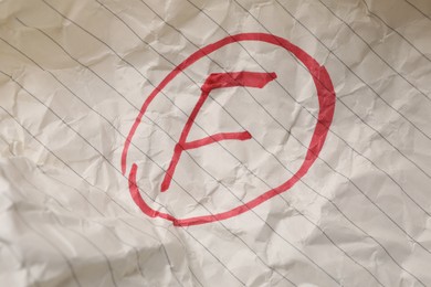 Photo of School grade. Red letter F on notebook paper, top view