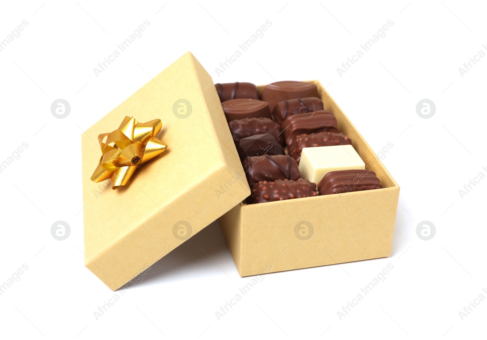 Photo of Box with tasty chocolate candies isolated on white