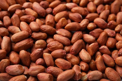 Photo of Many fresh unpeeled peanuts as background, closeup