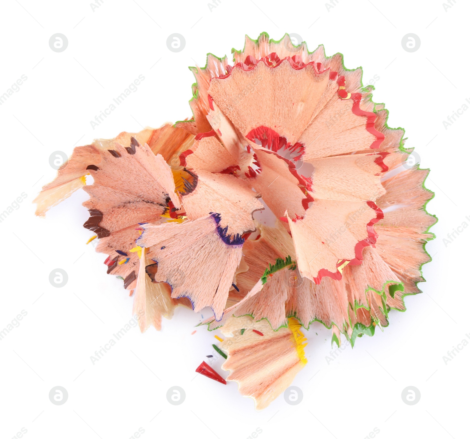 Photo of Pencil shavings on white background, top view
