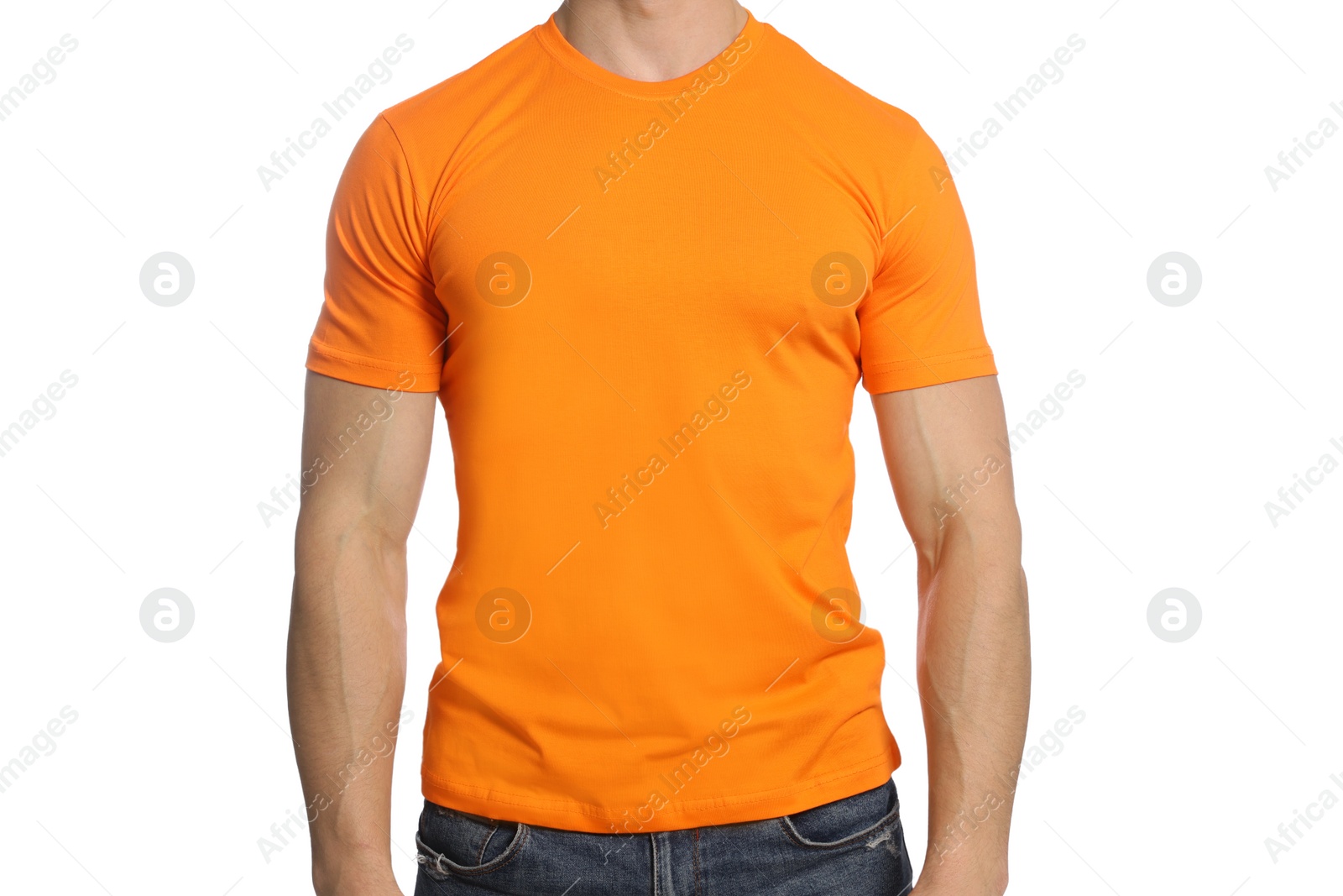 Photo of Man wearing orange t-shirt on white background, closeup. Mockup for design