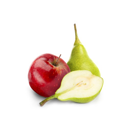 Ripe juicy pears and apple on white background