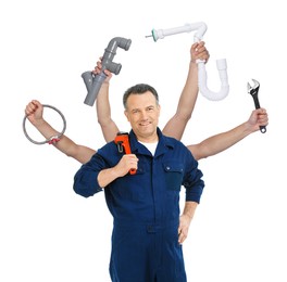 Image of Plumber with different tools on white background. Multitasking handyman