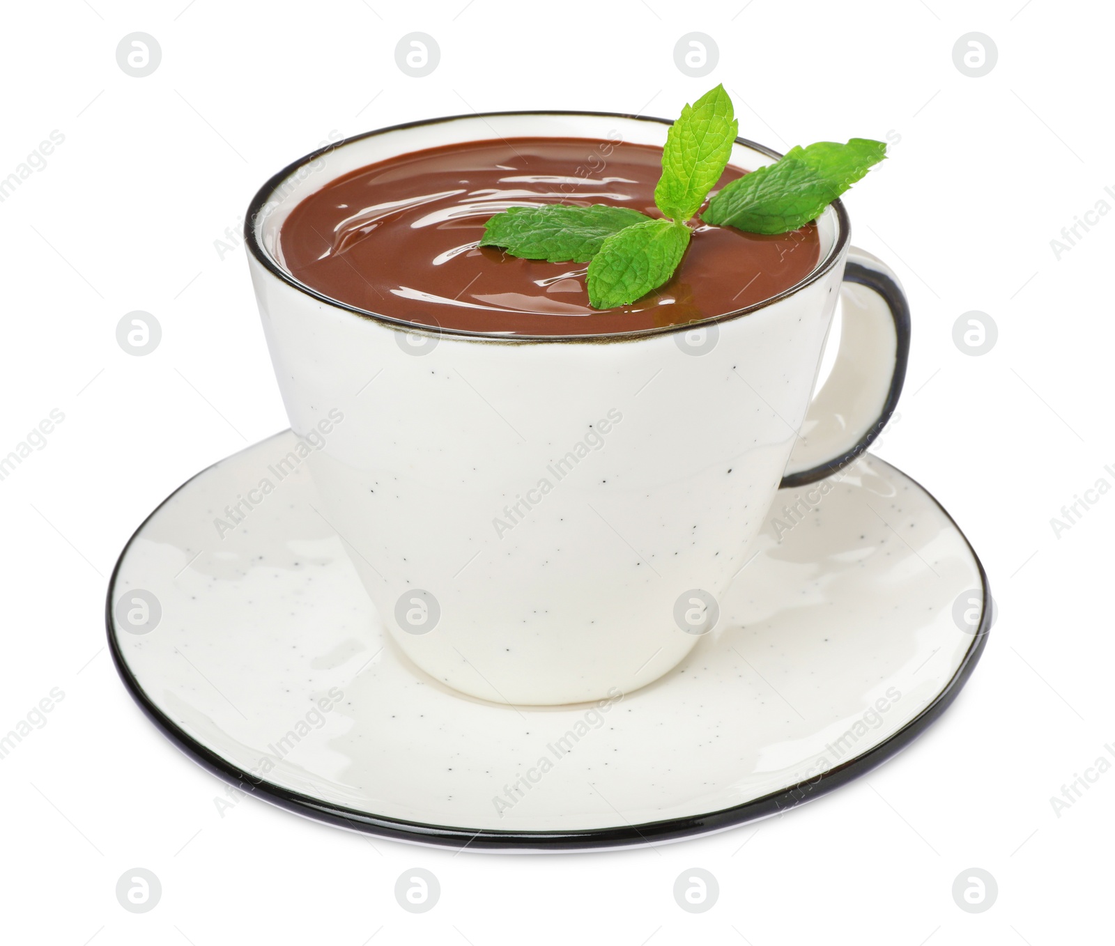 Photo of Cup of delicious hot chocolate with mint isolated on white