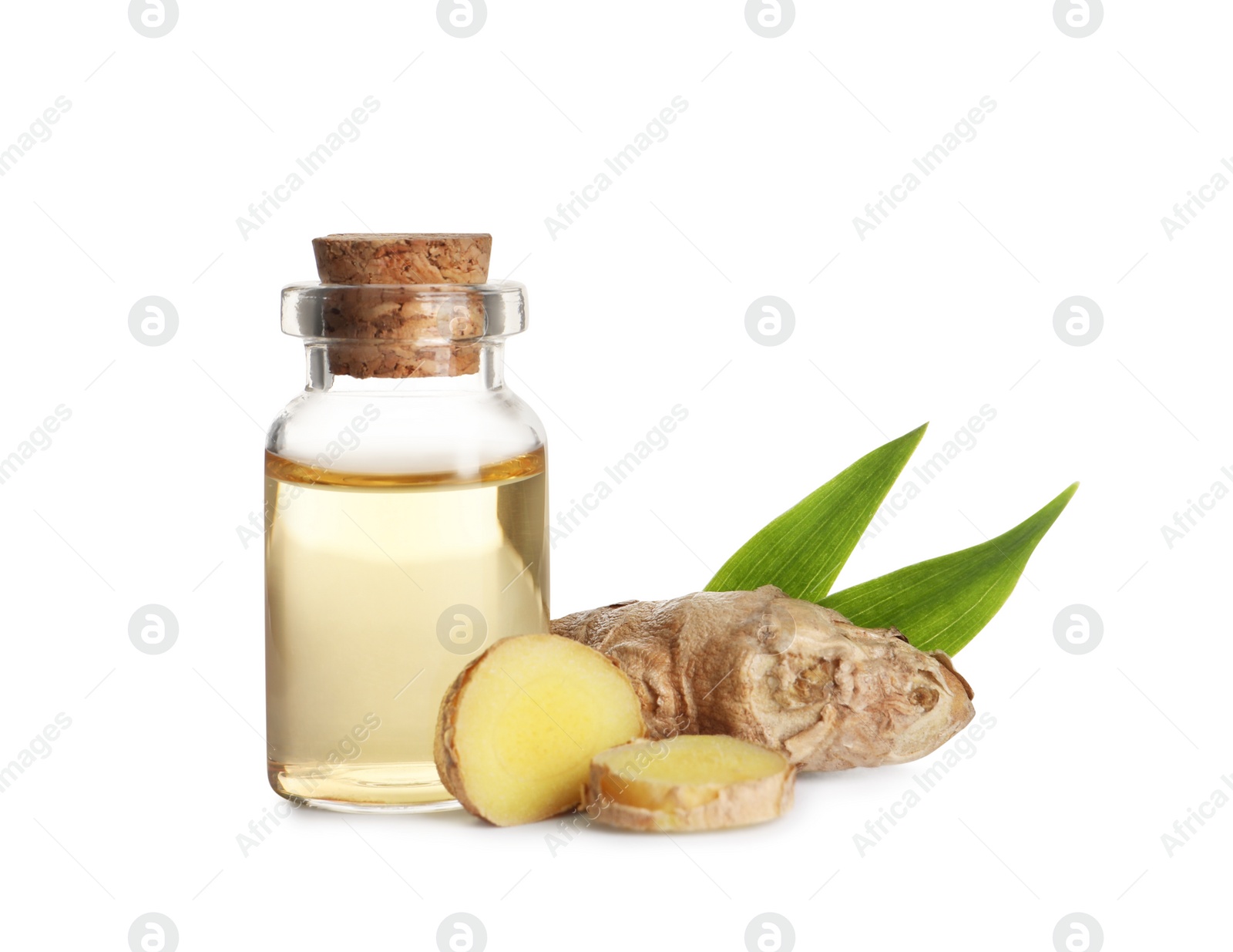 Photo of Glass bottle of essential oil and ginger root on white background