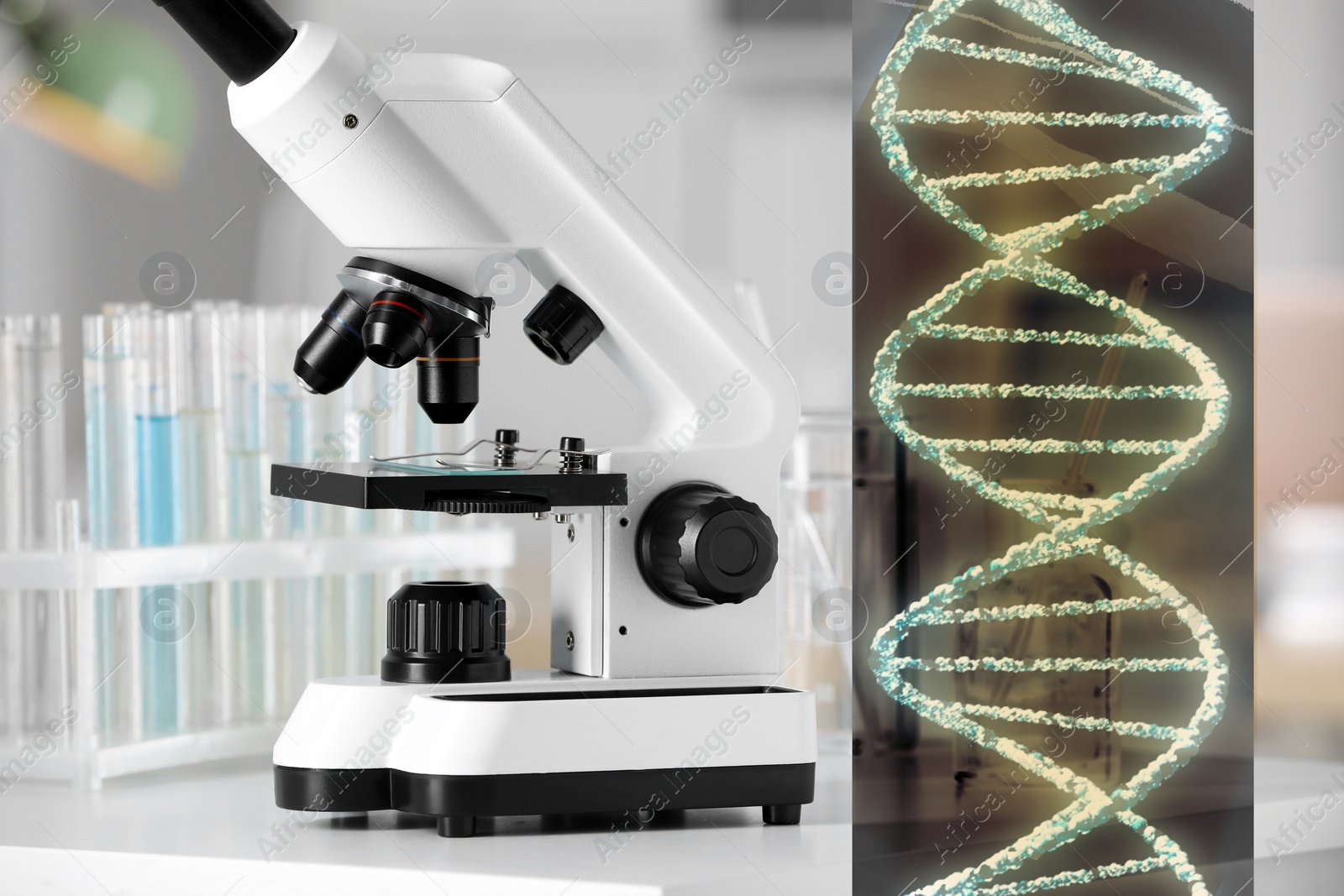 Image of Genetic testing. Microscope and illustration of DNA structure in laboratory
