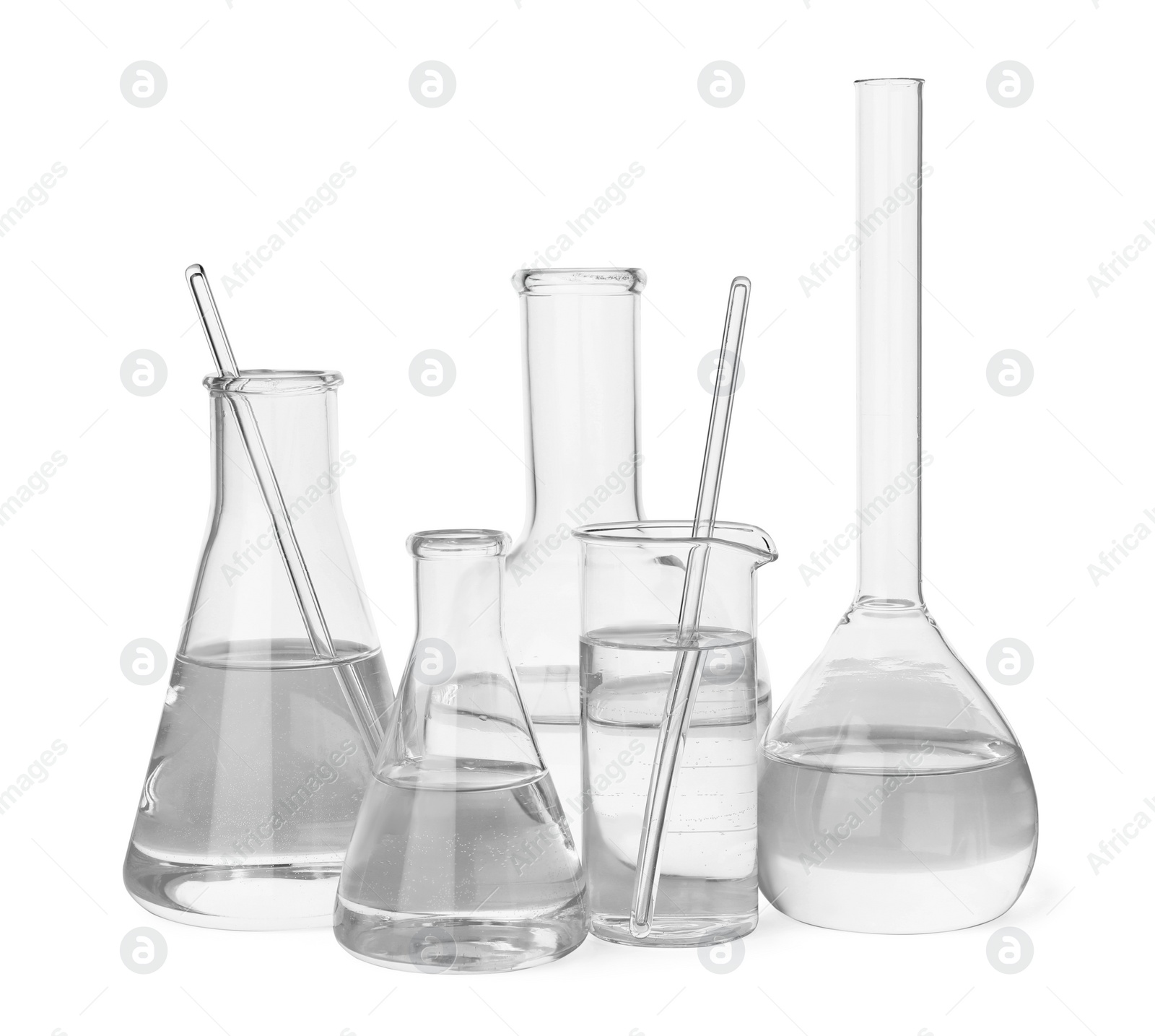 Photo of Glassware with liquid for laboratory analysis isolated on white