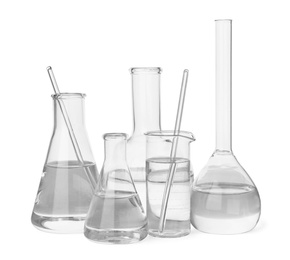 Photo of Glassware with liquid for laboratory analysis isolated on white