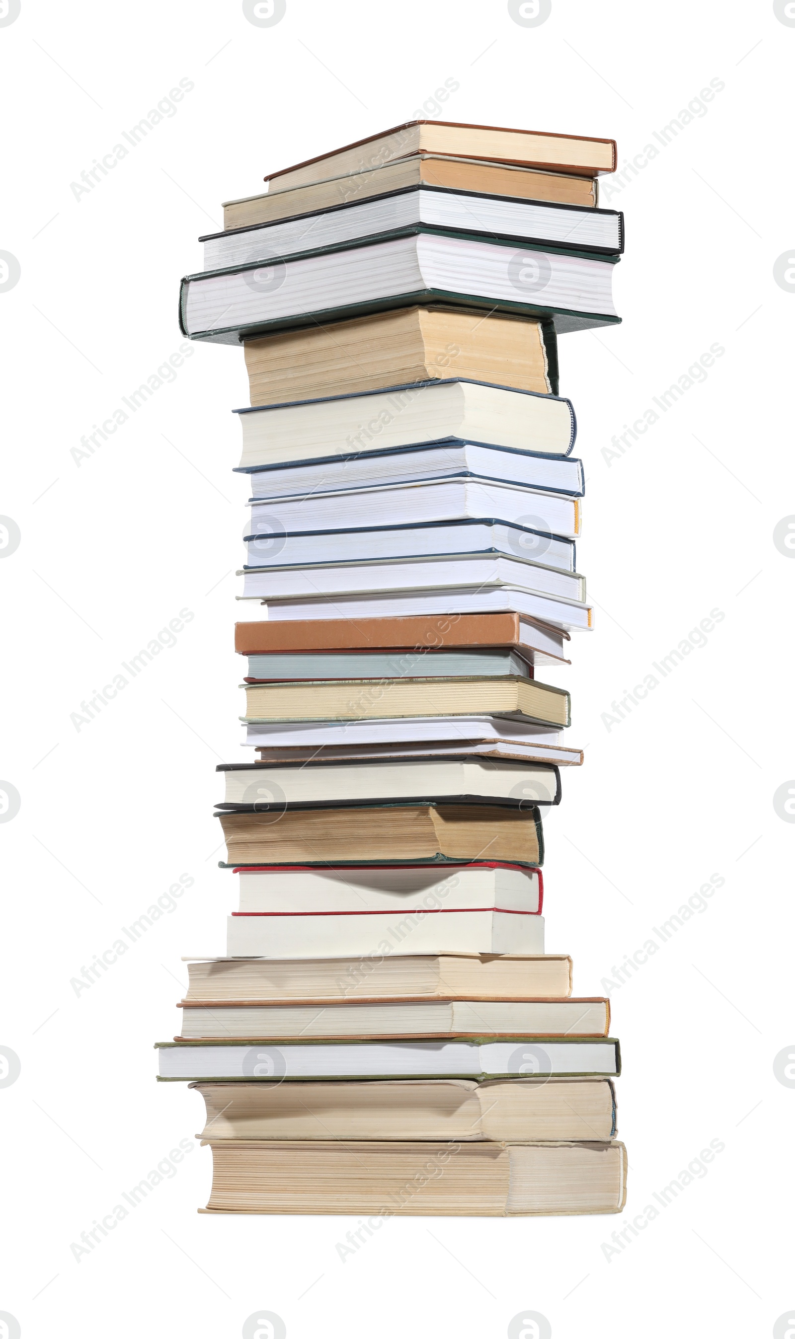 Photo of High stack of many different books isolated on white