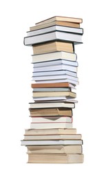 Photo of High stack of many different books isolated on white