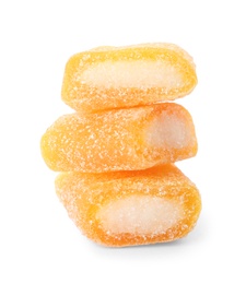 Stack of delicious jelly candies on white background