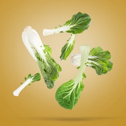 Fresh green pak choy cabbages falling on golden background
