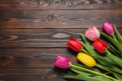 Beautiful colorful tulips on wooden table, flat lay. Space for text